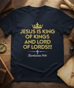 Christian t-shirt with gold glitter text "Jesus Is King Of Kings And Lord Of Lords!!!" and "Revelation 19:16" below a