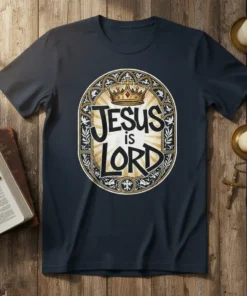 Jesus is LORD Christian T-Shirt with crown graphic and ornate border