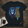 Christian t-shirt with "Jesus Is My God My King" text and a geometric lion head graphic, plus a cross