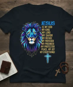 Christian t-shirt with "Jesus Is My God My King" text and a geometric lion head graphic, plus a cross