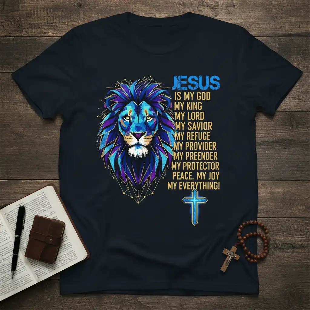 Jesus Is My God My King scripture text with a geometric lion and cross on a dark t-shirt