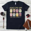 Jesus Is My Jam And I'm Here To Spread It T-Shirt design with jars labeled Faith, Pray, Blessed, Eternal, Love