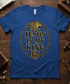 Jesus Is My King t-shirt with gold lion and crown, surrounded by thorny vines, and a shield with a cross