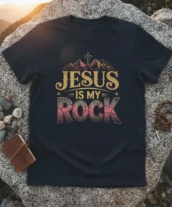 Jesus Is My Rock t-shirt design with golden text, mountains, and a cross graphic