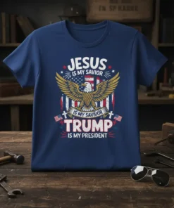 Christian patriotic t-shirt design featuring "Jesus Is My Savior Trump Is My President" text, an eagle, and American flag elements