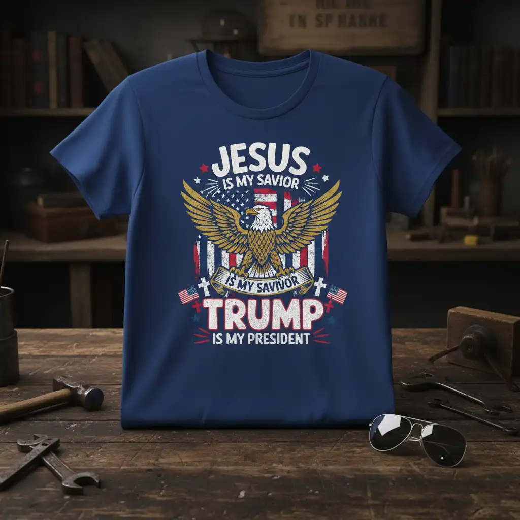 Jesus Is My Savior Trump Is My President t-shirt design with eagle and US flag graphic