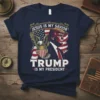 Jesus Is My Savior Trump Is My President t-shirt design with Donald Trump, American flag, and eagle graphic