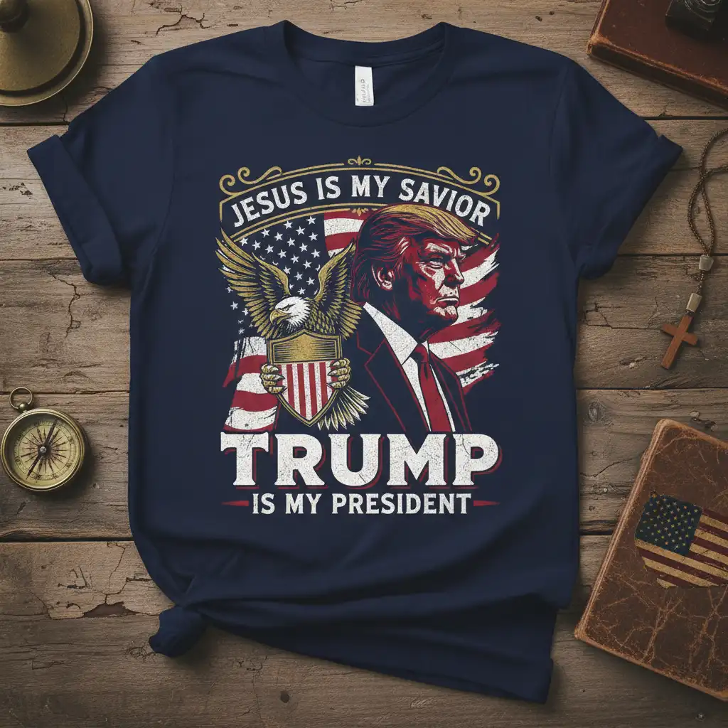 Jesus Is My Savior Trump Is My President quote with Donald Trump portrait and American flag graphic on a navy t-shirt