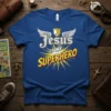 Jesus IS MY SUPERHERO Christian T-Shirt with winged shield graphic and bold yellow rays