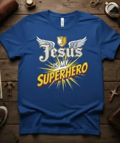 Jesus IS MY SUPERHERO Christian T-Shirt with winged shield graphic and bold yellow rays