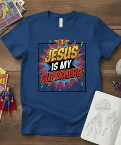 Jesus Is My Superhero t-shirt with bold comic book style text and a stylized 'J' emblem