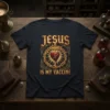 Jesus Is My Vaccine t-shirt design featuring golden text, a thorny crown around a red heart, and a cross