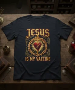 Jesus Is My Vaccine t-shirt design featuring golden text, a thorny crown around a red heart, and a cross