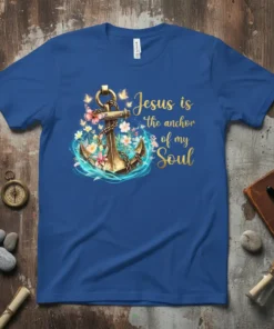 Jesus is the anchor of my Soul t-shirt with golden anchor, flowers, butterflies, and blue waves graphic