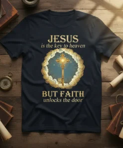 Christian t-shirt with the quote "Jesus is the key to heaven BUT FAITH unlocks the door" featuring a golden key