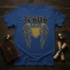 Jesus King t-shirt design with black gothic font text and gold winged shield graphic