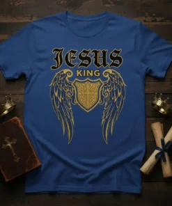 Jesus King t-shirt design with black gothic font text and gold winged shield graphic