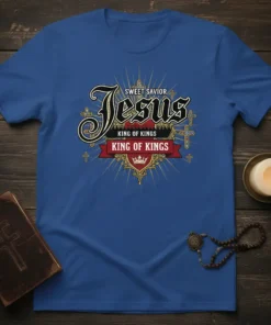 Jesus King of Kings Sweet Savior Christian T-Shirt with ornate text and cross graphics