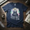 Jesus Loves Cats t-shirt design featuring a meditating figure surrounded by colorful cats