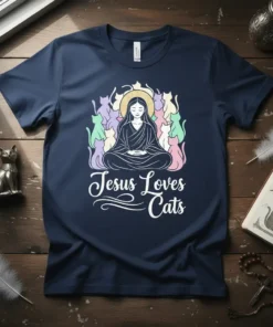 Jesus Loves Cats t-shirt design featuring a meditating figure surrounded by colorful cats