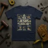 Christian construction themed t-shirt with text "YES, SET APART TREASURED JESUS LOVES ME BEAUTIFUL LOVED THANKFUL FORGIVENL REDEEMED PRECIOUS STRONG"