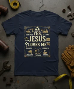 Christian construction themed t-shirt with text "YES, SET APART TREASURED JESUS LOVES ME BEAUTIFUL LOVED THANKFUL FORGIVENL REDEEMED PRECIOUS STRONG"