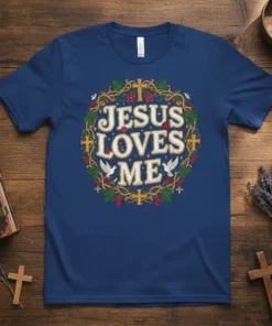Jesus Loves Me text design with doves, crosses, and grapevines on a navy t-shirt