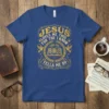 Jesus Loves Me This For The Bible Tells Me So quote on a royal blue t-shirt with gold ornate design