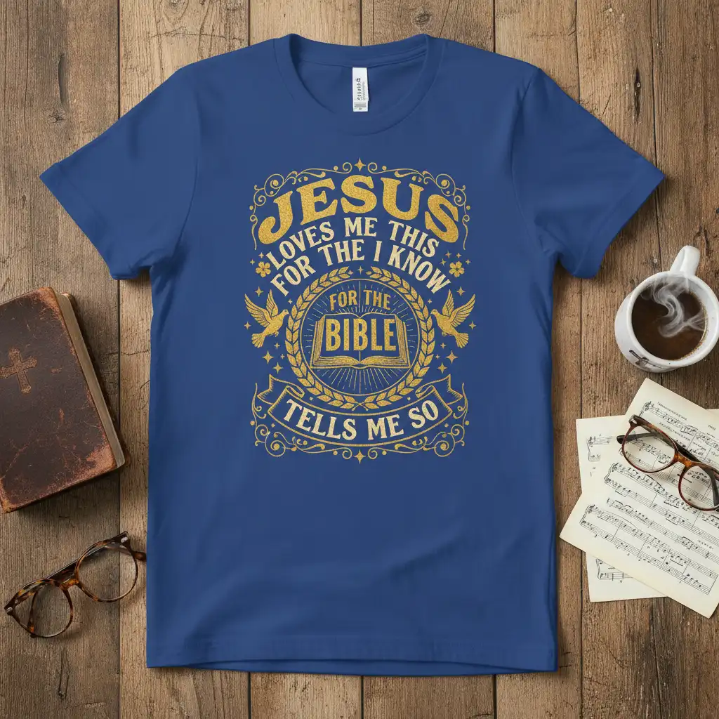 Jesus Loves Me This For The Bible Tells Me So quote with ornate gold design and open bible on royal blue tee
