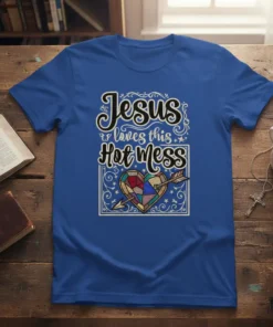 Jesus loves this Hot Mess t-shirt with stained glass heart graphic. Christian faith apparel design