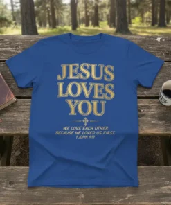 JESUS LOVES YOU WE text design featuring bold typography on quality t-shirt