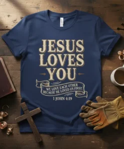 Christian t-shirt with "Jesus Loves You We Love Each Other Because He Loved Us First 1 John 4:19" quote and