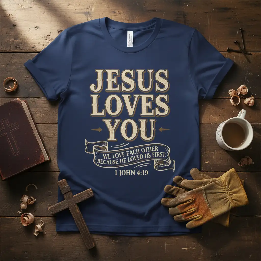 JESUS LOVES YOU WE quote printed with bold typography on breathable fabric t-shirt design