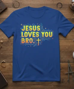Jesus Loves You Bro Christian T-Shirt with yellow and orange text and a cross graphic, set against a blue background