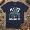 Jesus Loves You Bro t-shirt with a teal monster truck and Christian flag graphic