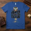 Jesus Loves You Tryin' graphic t-shirt with a dove and cross design, featuring retro wavy typography