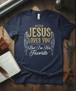 Jesus Loves You But I'm His Favorite t-shirt with gold and silver glitter text and angelic wings graphic