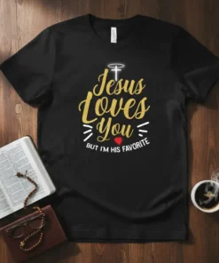 Jesus loves you BUT I'M HIS FAVORITE quote on a black t-shirt with a cross and halo graphic