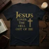 Jesus Loves The Hell Out Of Me t-shirt with golden glitter text and ornate cross graphic