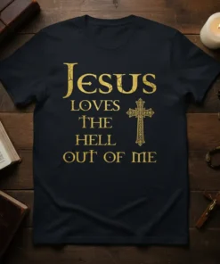 Jesus Loves The Hell Out Of Me t-shirt with golden glitter text and ornate cross graphic