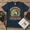 Navy t-shirt with "Jesus Made Me A Fisher Of Man I Catch. He Cleans Mark 1:17" quote and a large