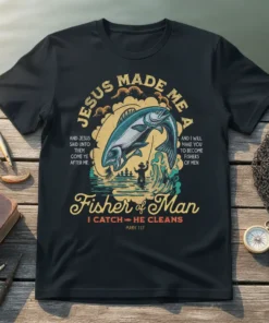 Christian t-shirt with full quote "Jesus Made Me A Fisher Of Man" and fishing graphic, featuring a jumping fish and