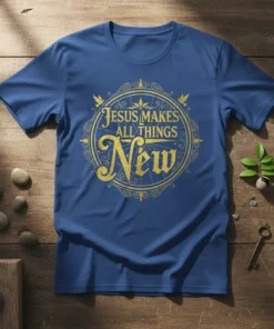 Gold ornate typography design on a blue t-shirt reads "Jesus Makes All Things New"