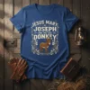 Jesus Mary Joseph And The Wee Donkey t-shirt with a cute donkey graphic and vintage lettering