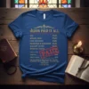 Jesus Paid It All Christian T-Shirt with list of sins and paid stamp, featuring Bible verse Romans 6:23
