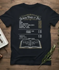 Jesus Paid It All Christian T-Shirt with a receipt design listing sins and scripture Romans 6:23