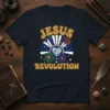 Retro Jesus Revolution t-shirt with vibrant floral graphics and a sparkling heart emblem