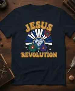 Retro Jesus Revolution t-shirt with vibrant floral graphics and a sparkling heart emblem