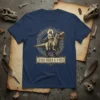 Jesus riding a T-Rex with text "Jesus Rides A T-Rex" on a navy blue t-shirt