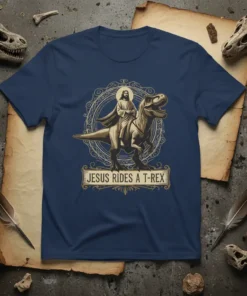 Jesus riding a T-Rex with text "Jesus Rides A T-Rex" on a navy blue t-shirt